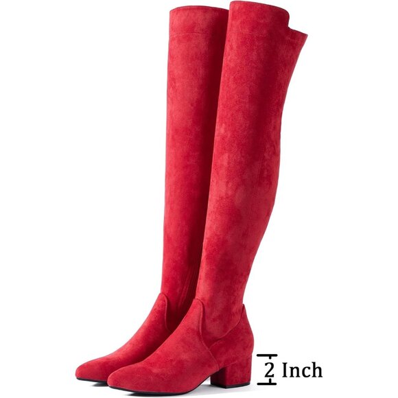 Women Red\2Inch Suede Over the Knee Thigh High Chunky Block Heel Winter Boots - Picture 3 of 5